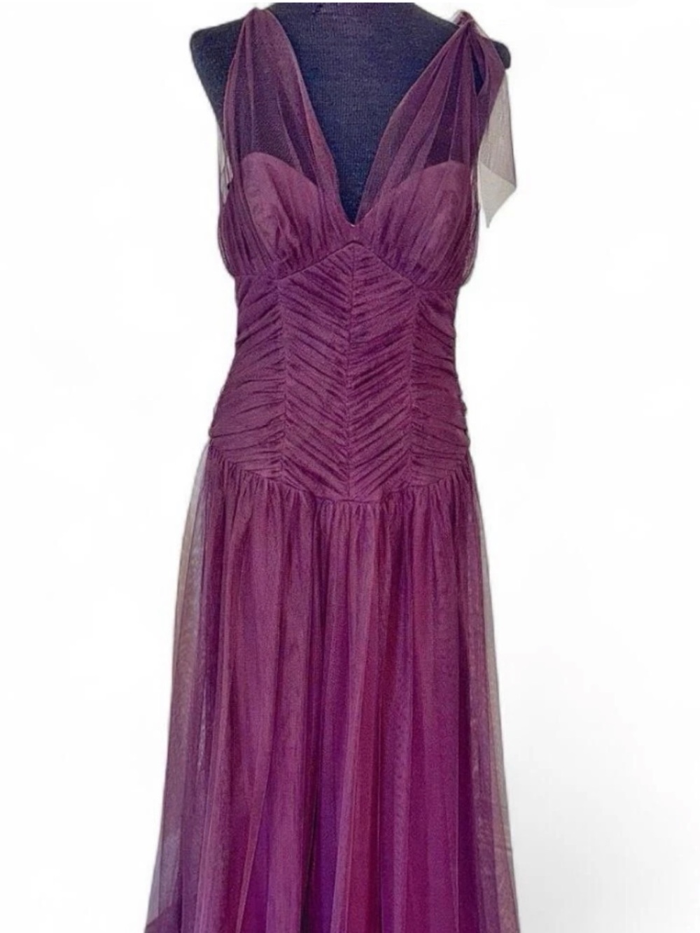 Vera Wang Plum Tulle Evening Gown with Ruched Bodice
